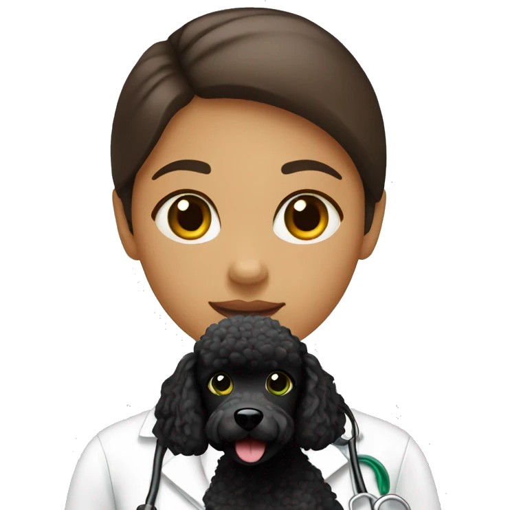 girl veterinarian with brown hears and green eyes. With she has a black poodle emoji