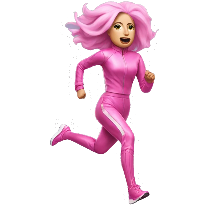 Lady Gaga running in a pink sci-fi outfit and pink hair emoji