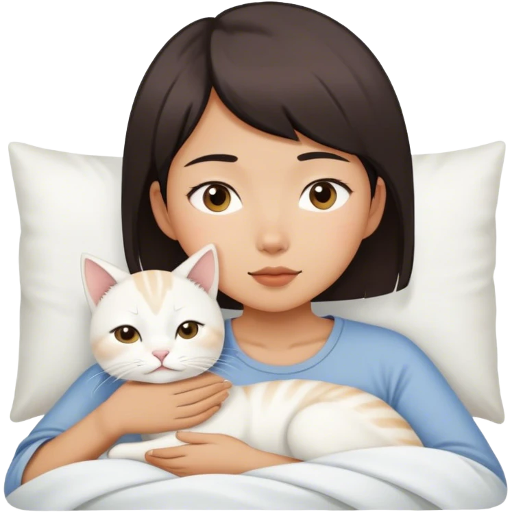 Short hair Asian girl wake up with white cat  emoji