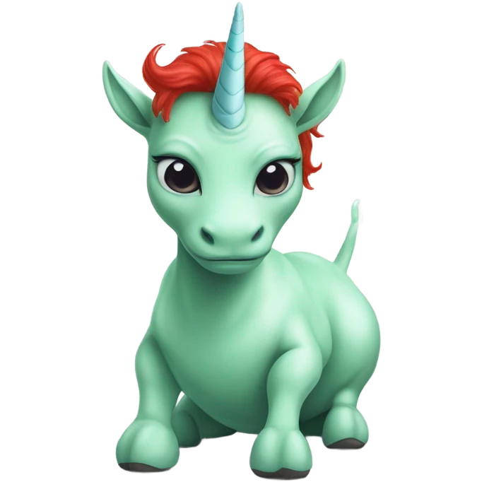 [politically incorrect
	{ woman: alien, color: light green, hair:red, eyes:cat} ]
	on a 
	[{ unicorn: white, legged:four, mane: light blue }] emoji