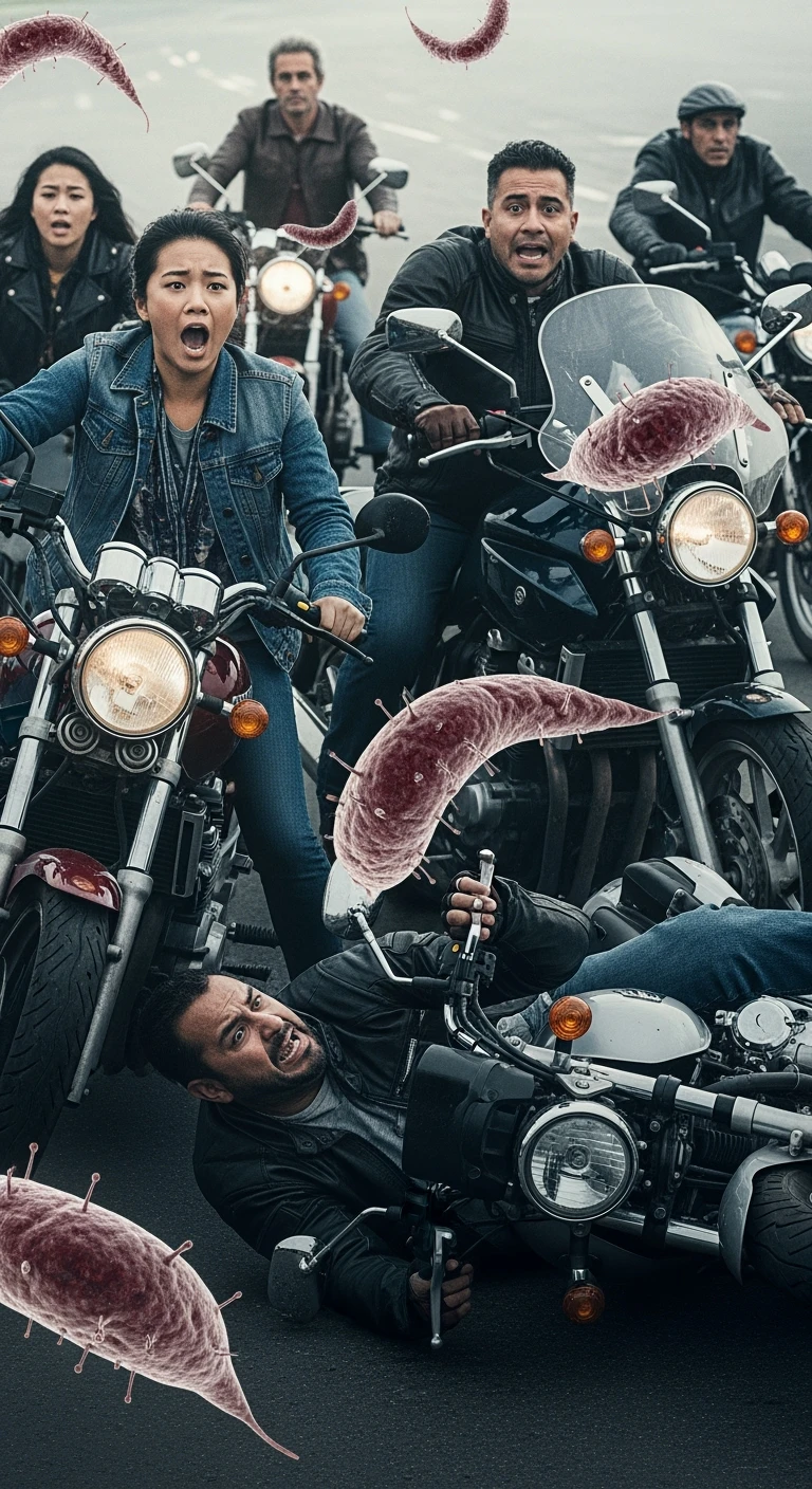 motociclisti spaventati perchè stanno per avere incidente a causa dell'infezione Toxoplasma che altera le loro menti, stanno per cadere alcuni sono caduti. Toxoplasma visibile emoji