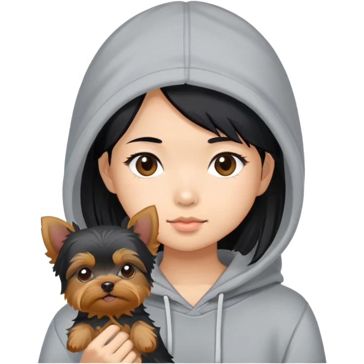 a black-haired asian girl wearing a grey hoodie with a yorkie  emoji