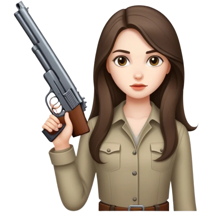 beautiful pale brunette girl with long hair with a short gun emoji