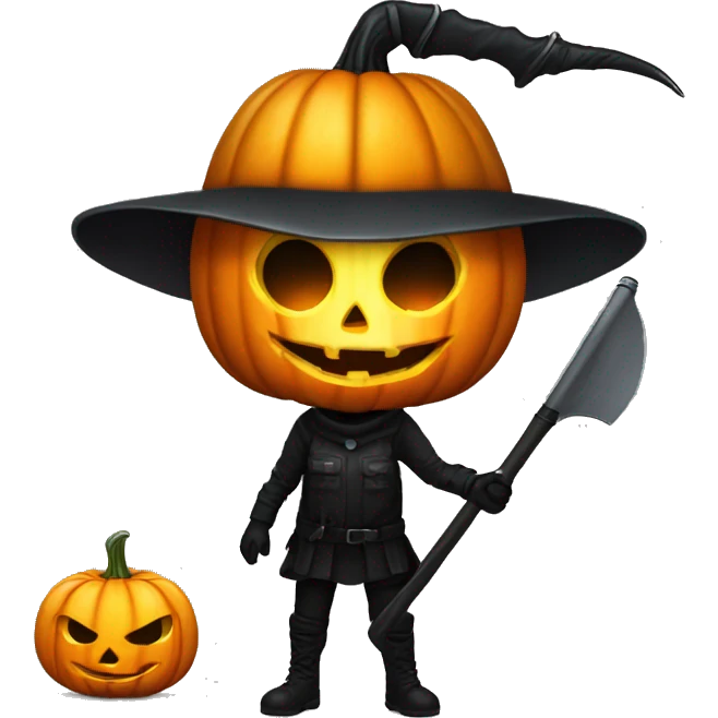 Human female pumpkin hunter with a scythe, glowing pumpkin eyes inside a black helmet, Halloween theme, emoji emoji
