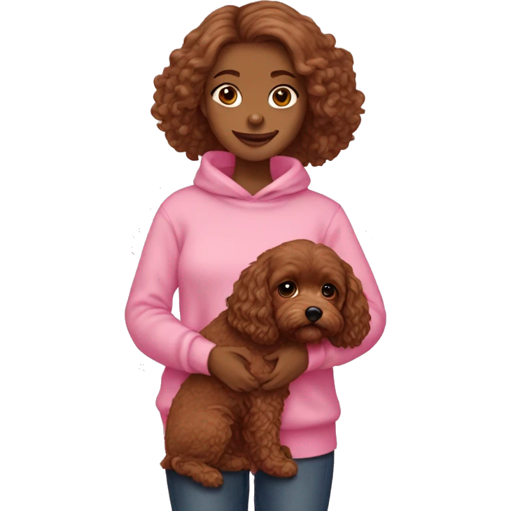 Girl holding all brown Cavapoo with pink sweaters on emoji