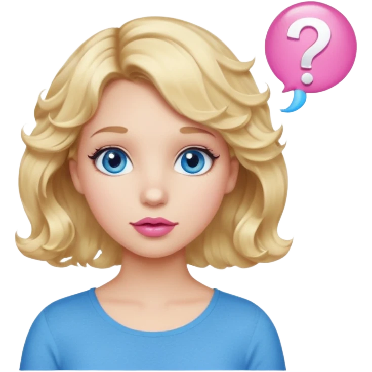 Girl Blonde short wavy hair,  blue eyes, cute blue top, long lashes, pink lips, question mark bubble emoji