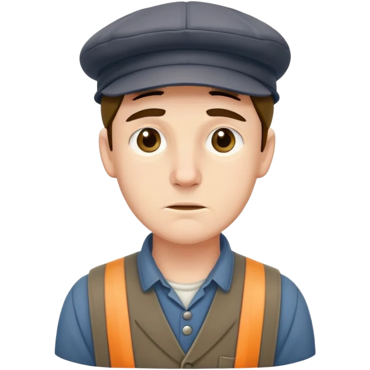 19th century English factory worker with flat cap, work clothes, and tired expression emoji