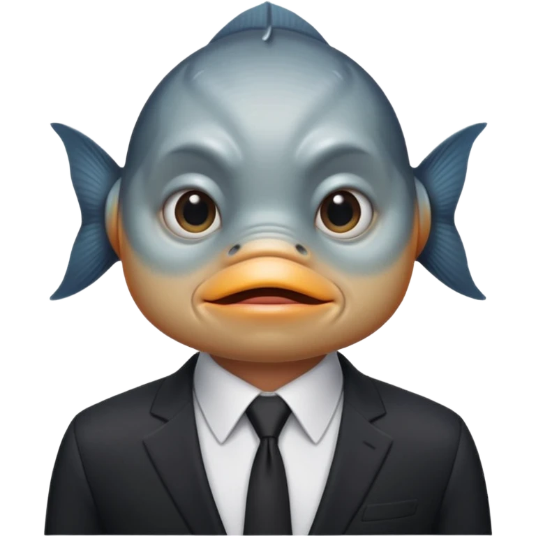 A fish man dressed in a black suit. Its face is grey fish. Just a fish. And The fish is facing upward. The fish’s neck connects smoothly with the collar of the suit. emoji