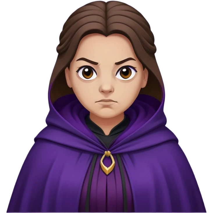 Alecto Carrow in harry potter, a woman fat, brown hair, tied hair, look evil, dark purple cloak emoji