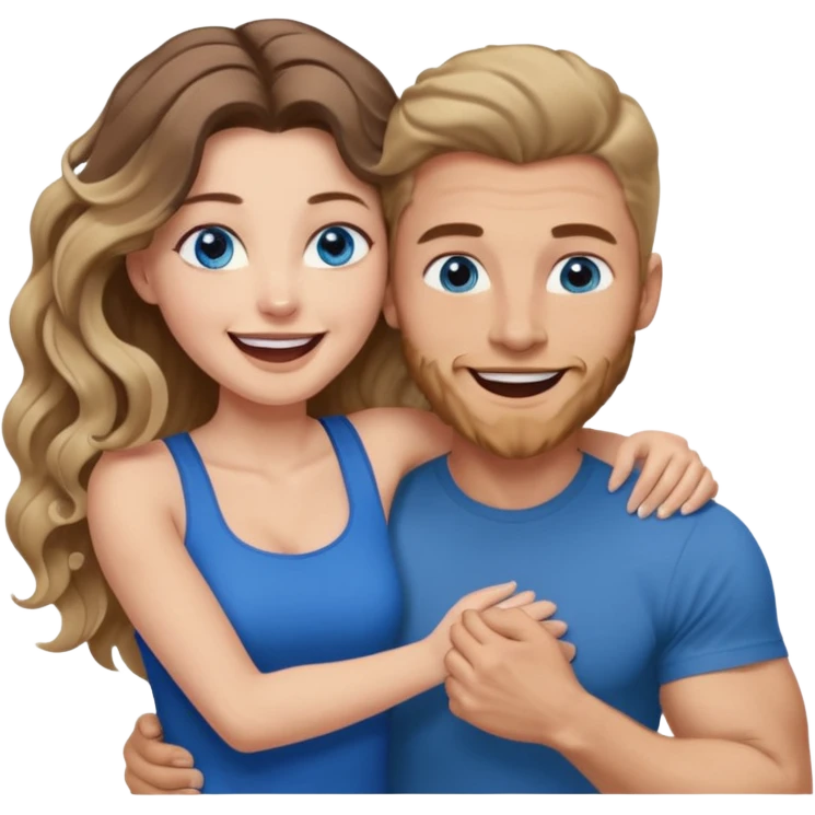 Women with blue eyes and very long, brown blond balayage curled hair in the arms of a man with strong arms a straight face, a very sexy man blue eyes. They are laughing at each other. He has brown hair: A fade haircut down to skin and is light skinned  emoji