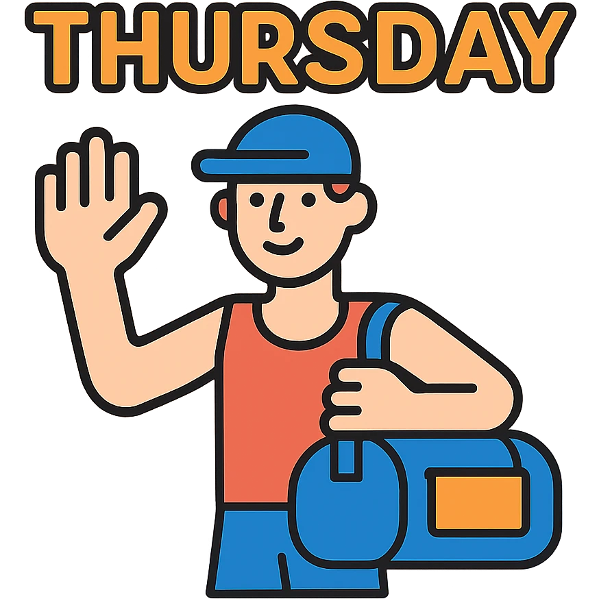 a sportsman holding his gymbag waving his hand goodbye. The word Thursday is above the sportsman emoji