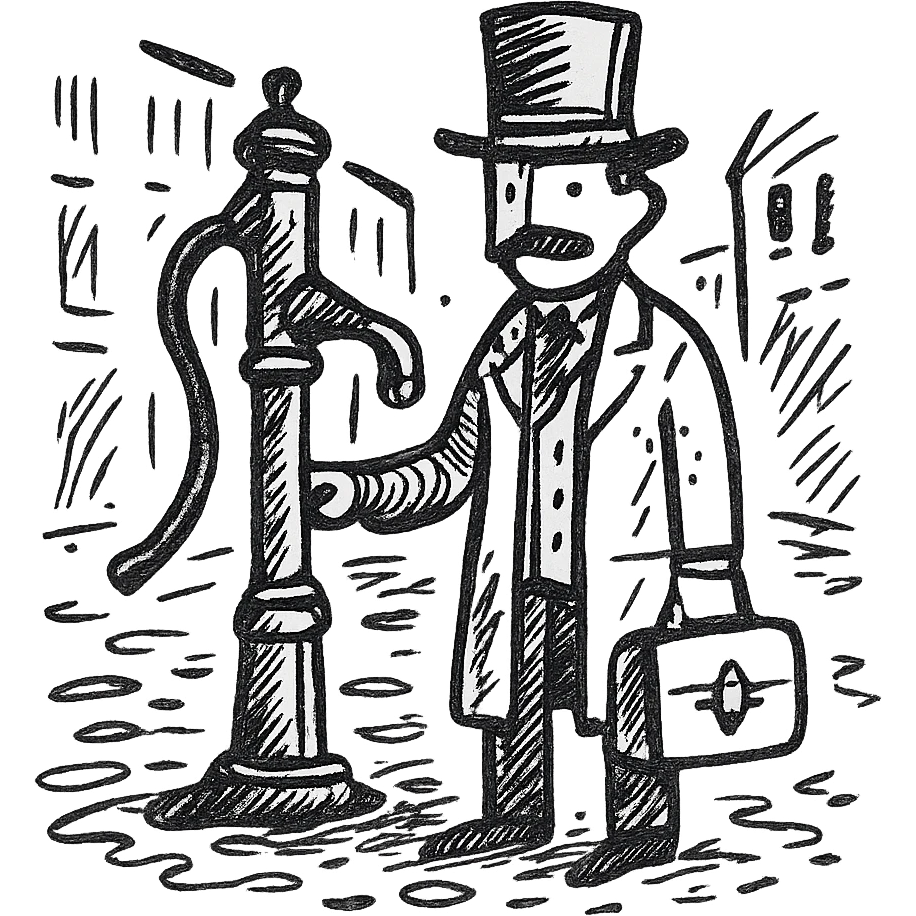 A victorian doctor with a street water pump in a dirty street emoji