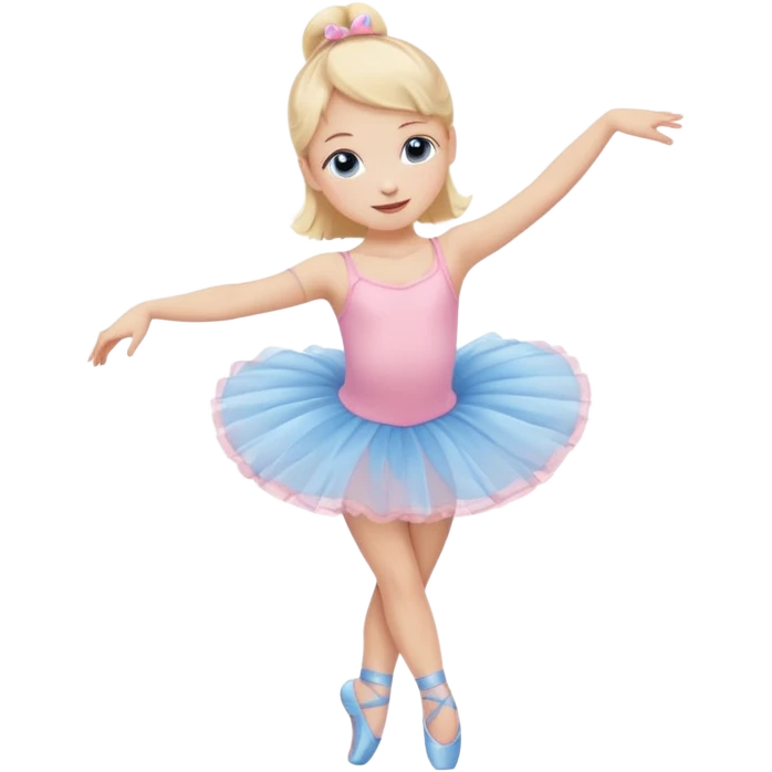 Little blonde girl with blue eyes doing ballet in a pink tutu and ballet slippers, cute emoji style, soft colors, happy expression emoji
