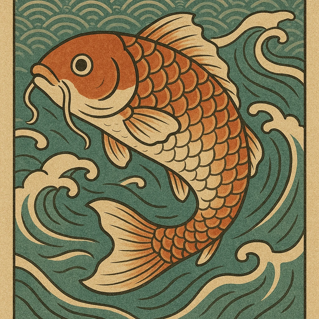 ukiyo-e style illustration of a koi fish swimming emoji