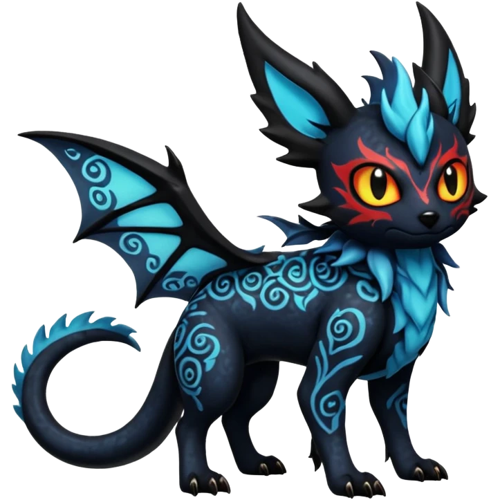 Shiny Fiery Dark Ugly Evil Realistic Glowing Eldritch Horror Cool Edgy Badass Emo Demonic Batty Dusky Ethereal Punky Aural Bioluminescent Hideous Canine-Litten-Amaura-Salandit-Noibat-Flareon-Fakémon-fusion (full body) with intricate pattern markings emoji