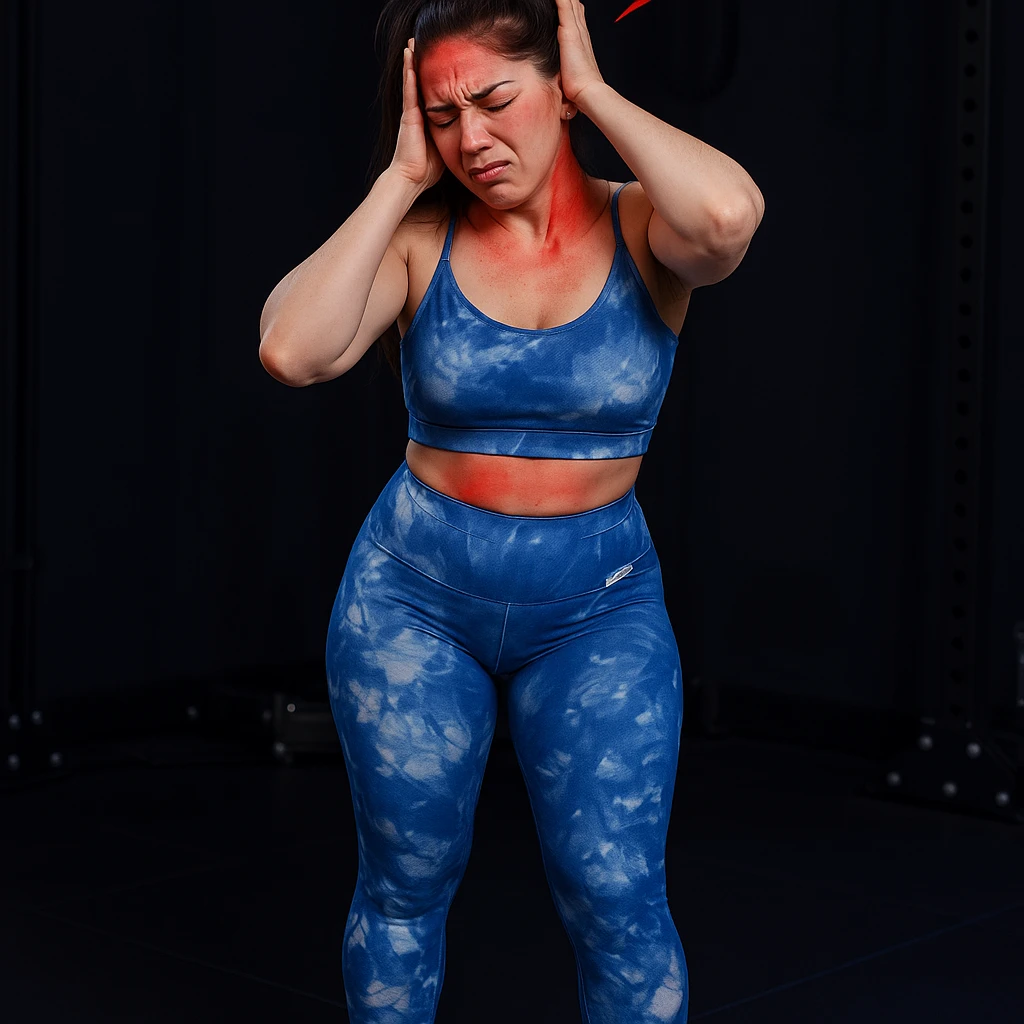 Realistic style edit of the same girl identical to the photo with one hand on the nape and one on the temple, expression of intense pain. Pain symbols like redness and lightning on neck and head. emoji