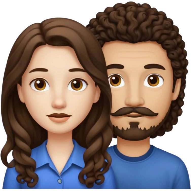 Couple emoji: girl is pale with brown straight long hair and boy is tan with black curly hair with a mustache and a goatee emoji