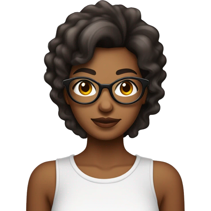 mulher jovem negra com cabelo liso até um pouco abaixo do ombro com mechas marrons e com óculos de formato arredondado. olhos escuros com extensão de cílios, nariz um pouco redondo e blusa vermelha.  emoji