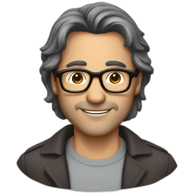 Handsome 50 year old man with dark brown hair and grey streaks. Wears brown glasses emoji