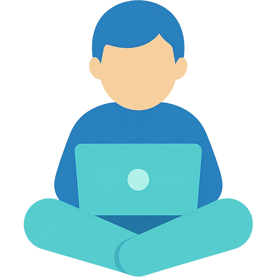 Person sitting with a laptop, flat emoji style, outline with blue and turquoise colors emoji