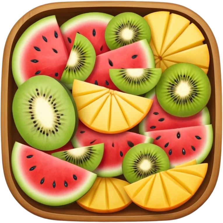 square box filled with watermelon, strawberry, mango, kiwi, orange, cantaloupe, and pineapple slices arranged like a fruit platter emoji