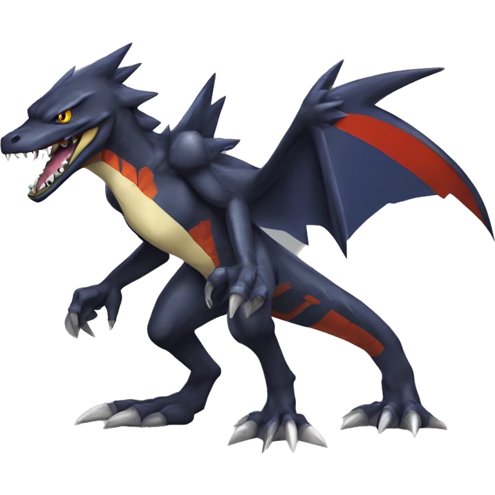 Black, Cool, Edgy, Garchomp-Nargacuga-Sergal Fakémon-Digimon with sharp edgy striking detailed stripe-markings,  full body emoji
