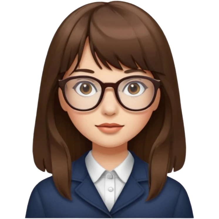 Una chica pelo largo con flequillo color marrón y gafas con estilo de periodista súper top emoji