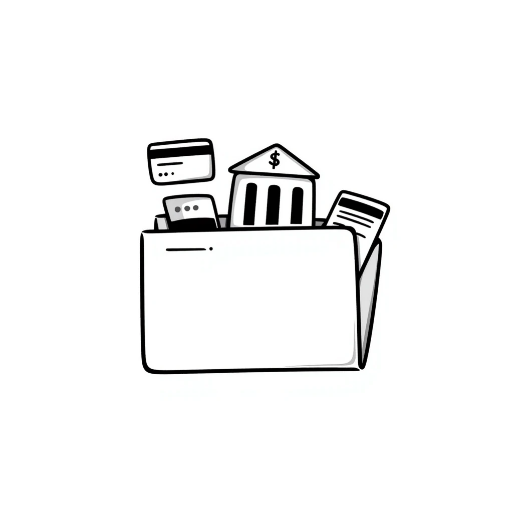 Closed folder icon with small symbols floating around: bank building, credit card, calculator, and document – organized financial archive emoji