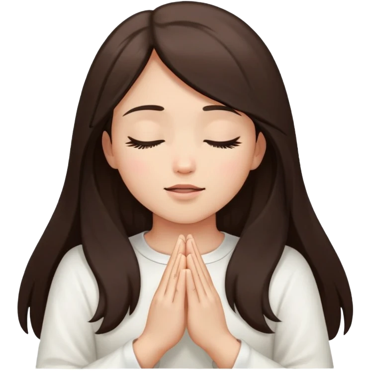 Girl long dark brown hair light medium skin worshipping God hands lifted eyes closed white top emoji