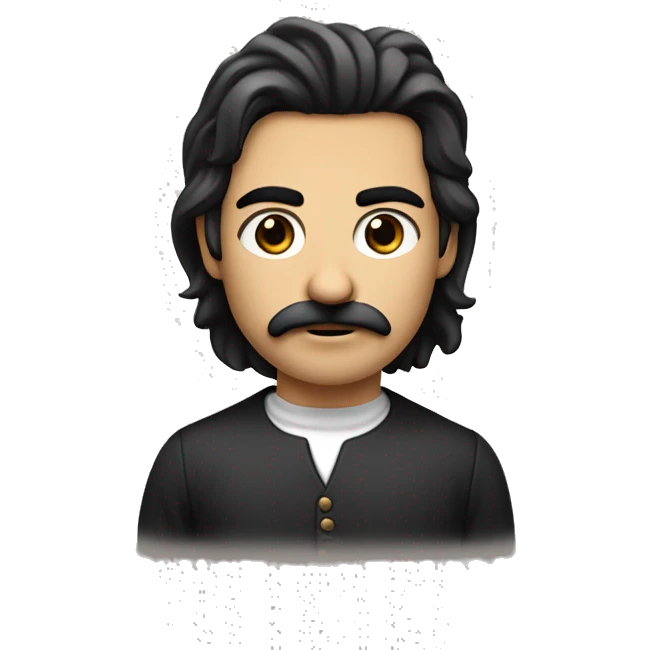 He had dark, side-parted hair, a distinctive small rectangular mustache, deep-set intense eyes, prominent eyebrows, a straight nose, a strong jawline, light complexion, and was often depicted with a stern expression. emoji