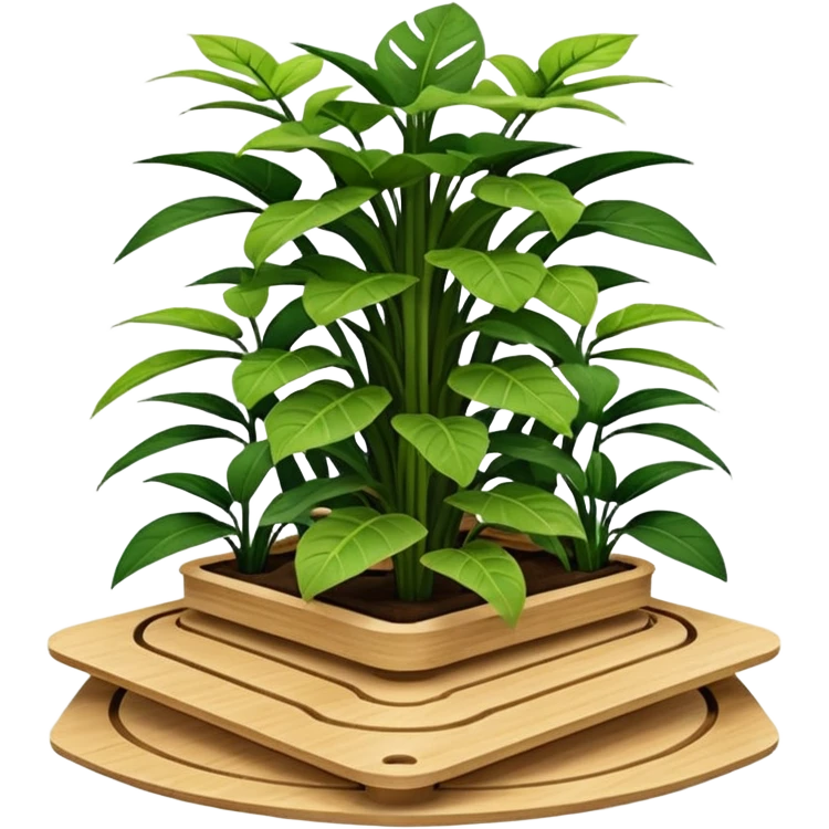 Very Large asymmetrical alien-futuristic multi-tier multi-level square plant rack, which holds thirty-five plants, constructed from plywood emoji