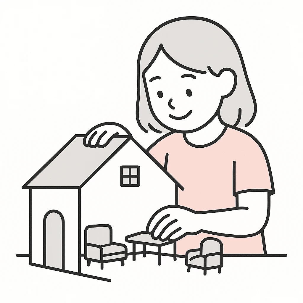 smiling girl arranging furniture in doll house emoji