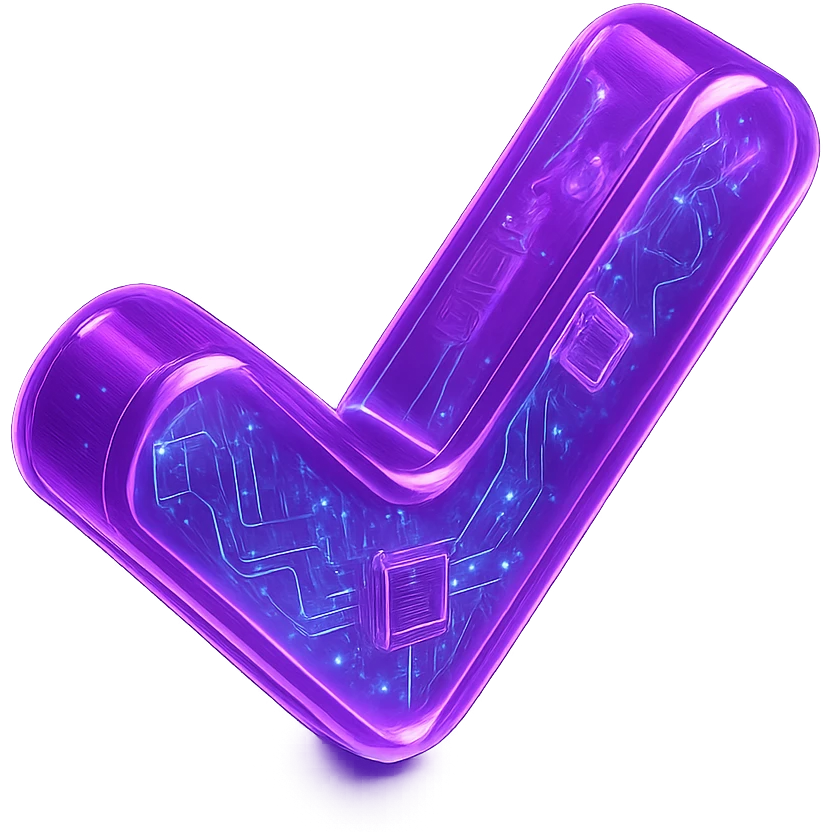 A glowing neon purple cyberpunk style checkmark icon with a holographic pattern, futuristic design emoji