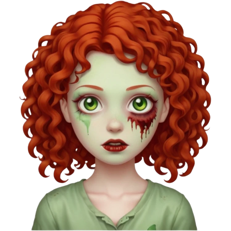 a curly girl red-haired with green eyes zombie emoji