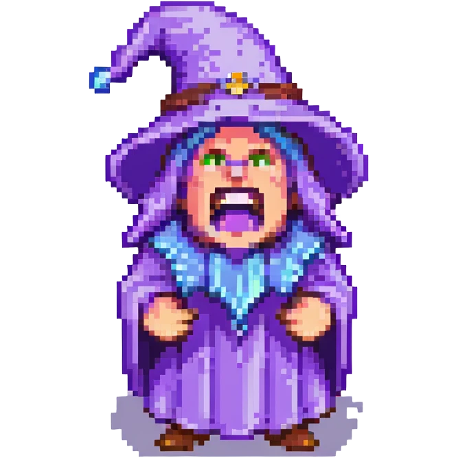 8-bit pixel art wizard yelling, purple hat, open mouth, pixelated magic effects emoji
