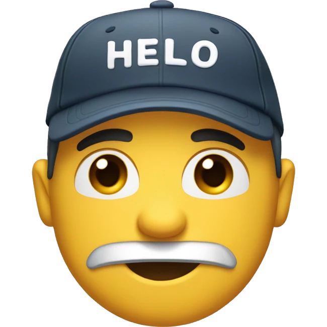 create smile emoji with wear cap. on cap write text hello dude emoji