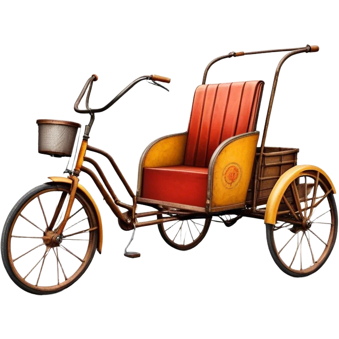 ​Cinematic Realistic Tricycle Rickshaw, depicted as a vintage manually operated vehicle featuring two front wheels and a single rear wheel, rendered with detailed rustic textures, vibrant colors, and dynamic urban lighting that captures its unique design and cultural charm, emoji