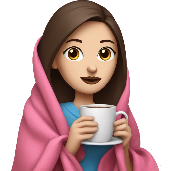 Woman with pale skin, blue eyes, and dark brown here drinking coffee while wrapped in a pink blanket emoji