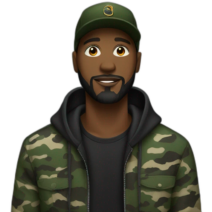 black man with a beard,camo hat, black hoodie emoji