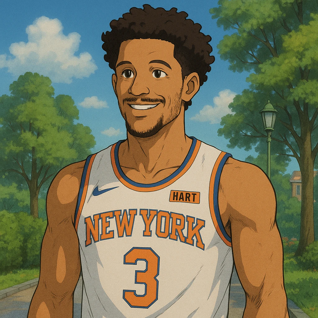Josh Hart basketball player wearing a New York Knicks jersey, friendly expression, detailed background, Ghibli style emoji