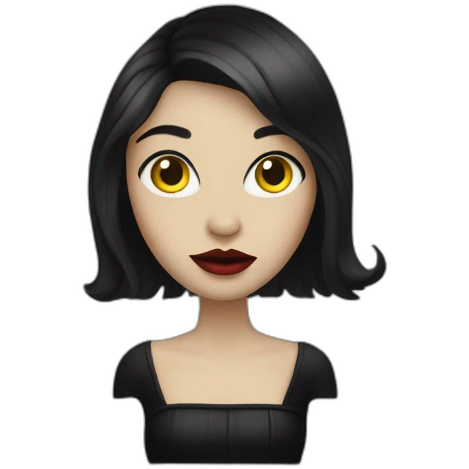  similar to human with red skin, black long hair, yellow eyes (black white of the eye), in black lather dress, black lips emoji