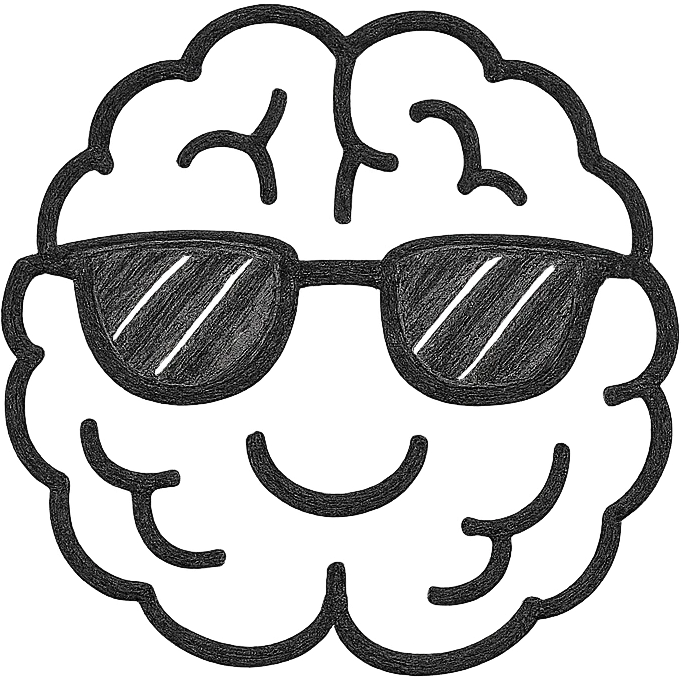 minimalist hand drawn brain with sunglasses, smiling, emoji icon emoji