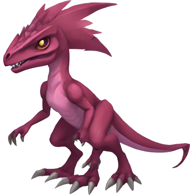 Mauve-maroon-red-violet-colored edgy anthro-genesect-velociraptor-scalie-sona-Fakémon-hybrid with a mane on head and back and horns full body emoji