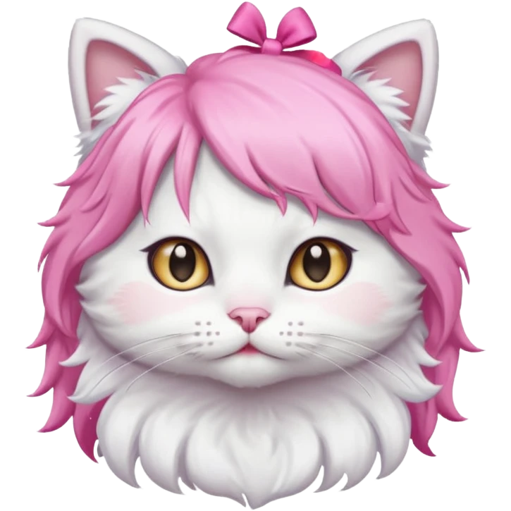 White cat wearing pink wig and bow emoji