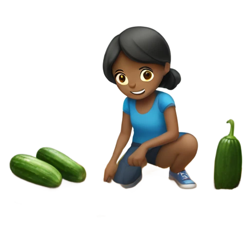 Girl picking up dirt from the floor with a cucumber emoji
