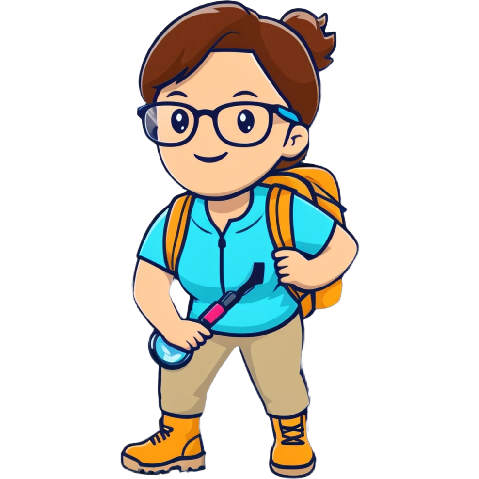 Very cheerful excited woman in her 40s with glasses wearing sporty outfit, hiking boots, and backpack, holding a magnifying glass with big smile emoji