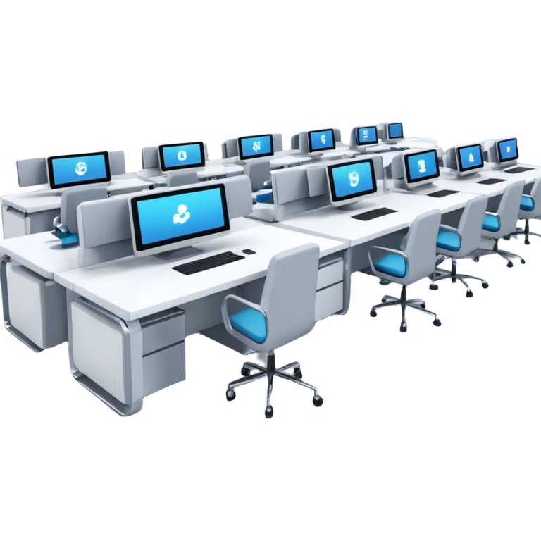 the AI-Enabled Workplace, modern office with robots and humans collaborating, digital screens, futuristic emoji