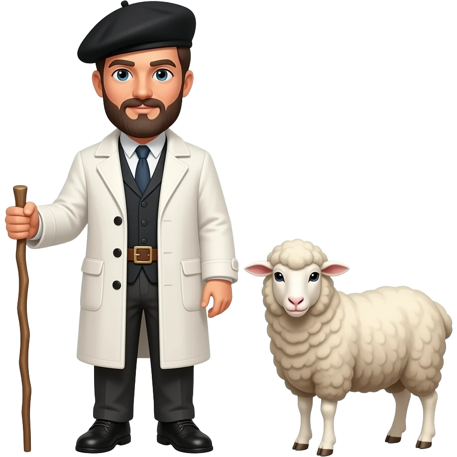 Un homme berger avec un manteau de laine blanche et un béret noir avec un bâton et un mouton emoji
