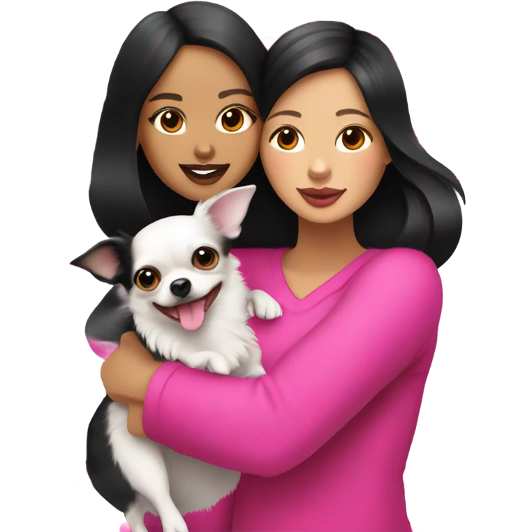 Thick medium black hair with hot pink lips and pink cheek smiling Filipino lady hugging black and white Chihuahua  emoji