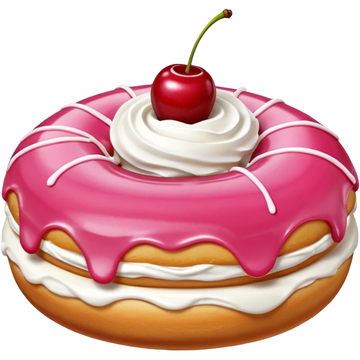 Round donut with smooth pink icing and thin white drizzle lines, golden-brown dough visible on the sides.
White whipped cream dollop in the center topped with a glossy red cherry and stem, clean studio lighting, pure white background, realistic minimal emoji-style. emoji